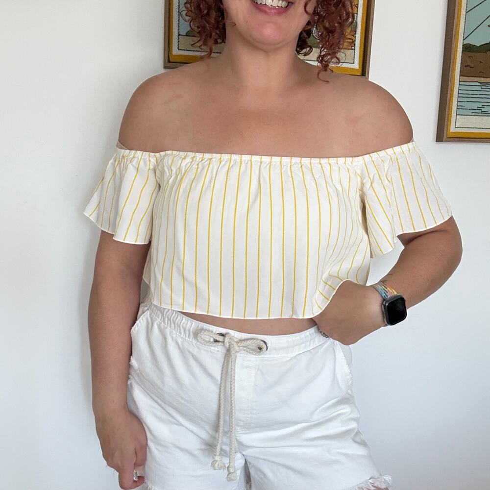Forever 21 yellow white stripe off the shoulder crop top Medium